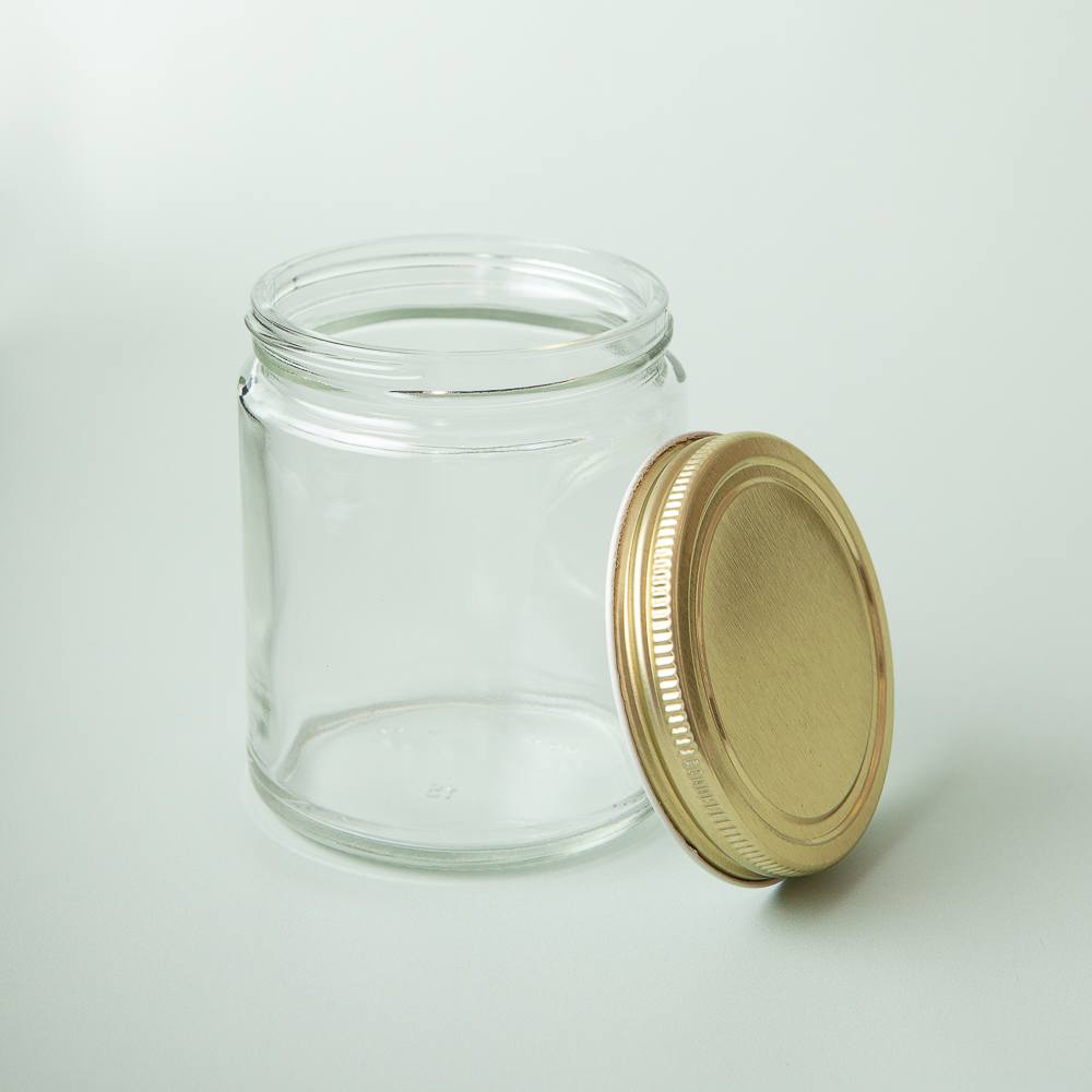 9 oz Clear Glass Jar with Gold Lid image number null